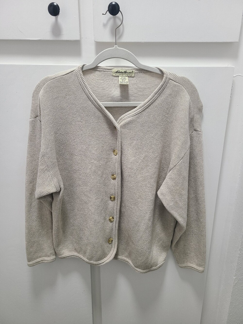 Vtg 90s Eddie Bauer 100% Cotton Ribbed Knit Cardigan Beige Oversized Modern M